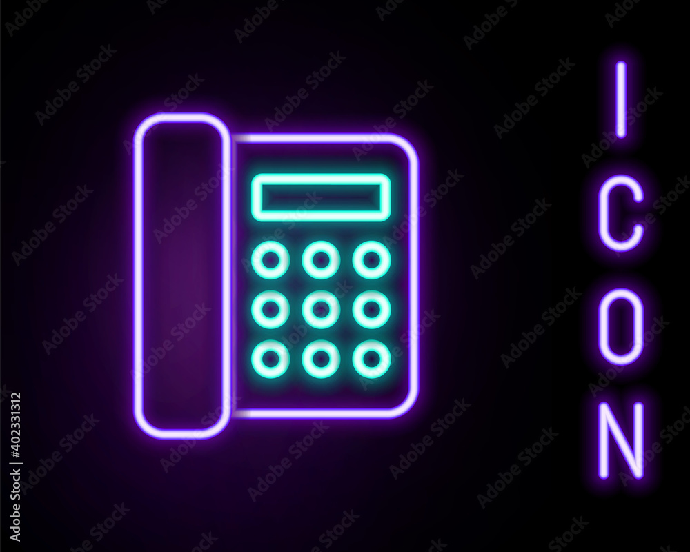 Glowing neon line Telephone icon isolated on black background. Landline phone. Colorful outline concept. Vector. Glowing neon line Telephone icon isolated on black background. Landline phone. Colorful outline concept. Vector.