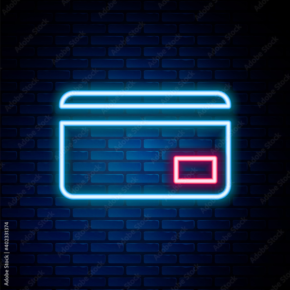 Glowing neon line Credit card icon isolated on brick wall background. Online payment. Cash withdrawal. Financial operations. Shopping sign. Colorful outline concept. Vector. Glowing neon line Credit card icon isolated on brick wall background. Online payment. Cash withdrawal. Financial operations. Shopping sign. Colorful outline concept. Vector.