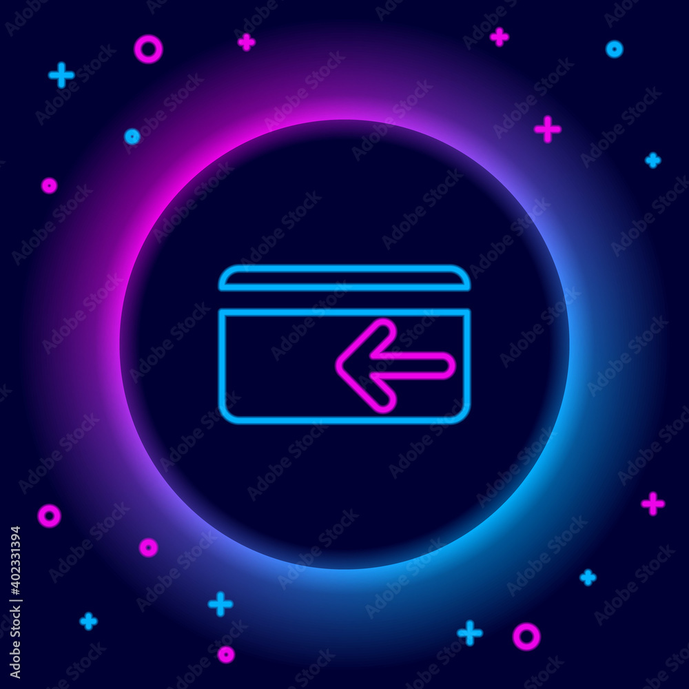 Glowing neon line Cash back icon isolated on black background. Credit card. Financial services, money refund, return on investment, savings account. Colorful outline concept. Vector. Glowing neon line Cash back icon isolated on black background. Credit card. Financial services, money refund, return on investment, savings account. Colorful outline concept. Vector.