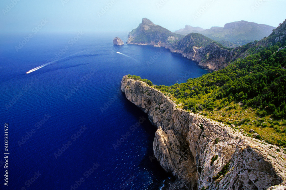 View of the stunning  landscape from the viewpoint of Es Colomer in Formentor Cape, (Cap de Formentor) , Mallorca island, Spain, Europe.