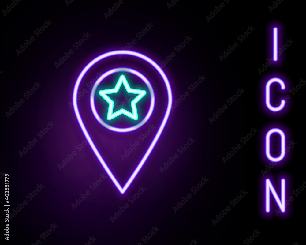 Glowing neon line Map pointer with star icon isolated on black background. Star favorite pin map icon. Map markers. Colorful outline concept. Vector. Glowing neon line Map pointer with star icon isolated on black background. Star favorite pin map icon. Map markers. Colorful outline concept. Vector.