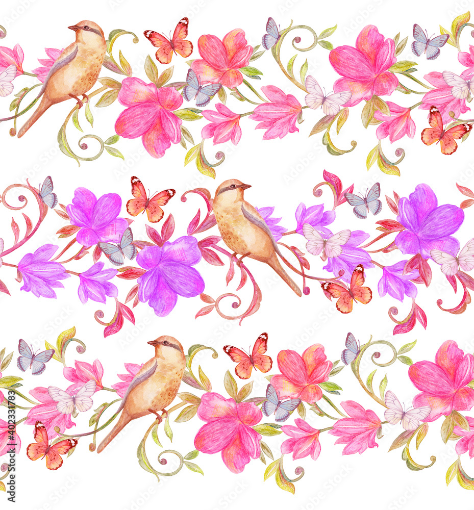 romantic seamless texture with abstract floral ornaments and birds. watercolor painting