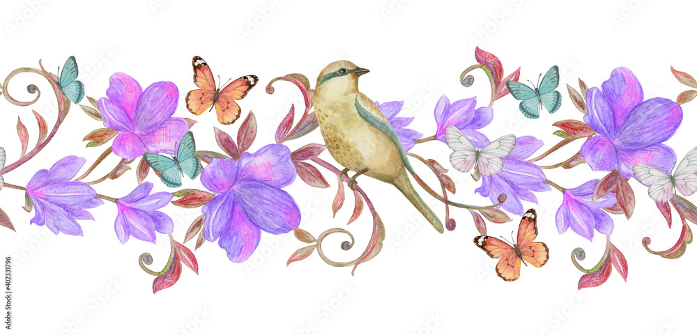 vintage seamless floral border. nice clever bird sitting on fancy branch with delicate flowers. watercolor painting