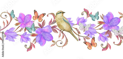 vintage seamless floral border. nice clever bird sitting on fancy branch with delicate flowers. watercolor painting