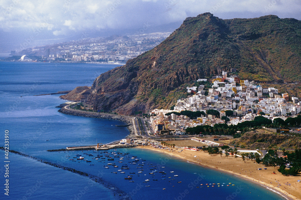 Naklejka premium Beautiful panorama view of Playa De Las Teresitas and San Andrés a small picturesque village near Santa Cruz in the north of Tenerife, Canary island, Spain Europe.