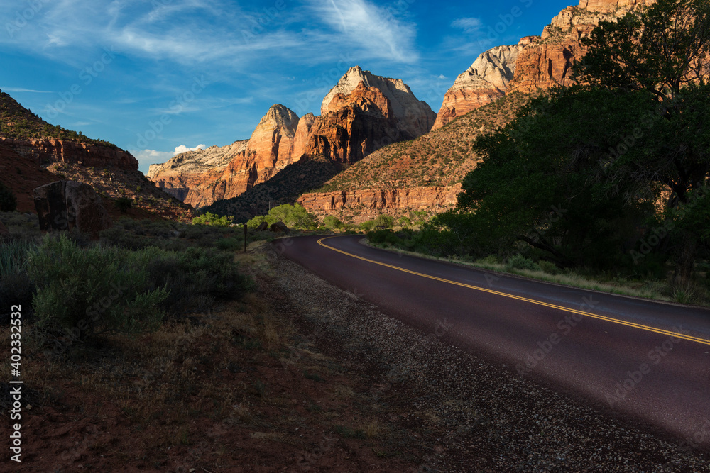 Beautiful view of the road running along the Zion Canyon at the Zion National Park, Utah, USA