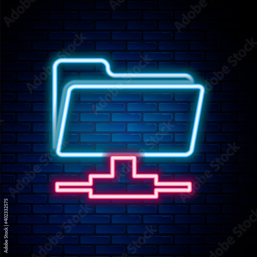 Glowing neon line FTP folder icon isolated on brick wall background. Software update, transfer protocol, router, teamwork tool management, copy process, info. Colorful outline concept. Vector.