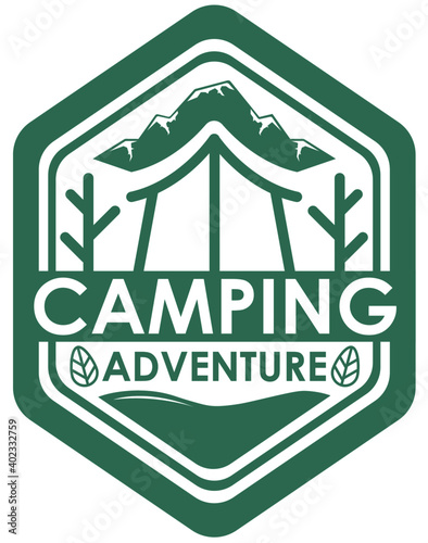 Green camping badge with tent and mountain logo