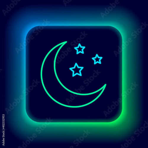 Glowing neon line Moon and stars icon isolated on black background. Colorful outline concept. Vector.