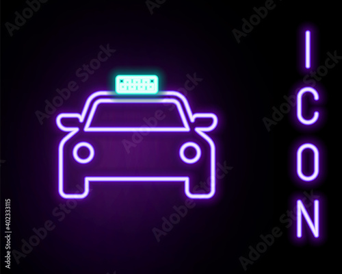 Glowing neon line Taxi car icon isolated on black background. Colorful outline concept. Vector.