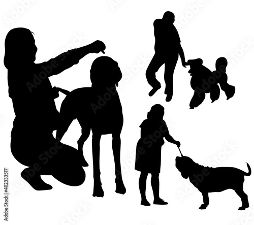 set vector silhouette people with dogs