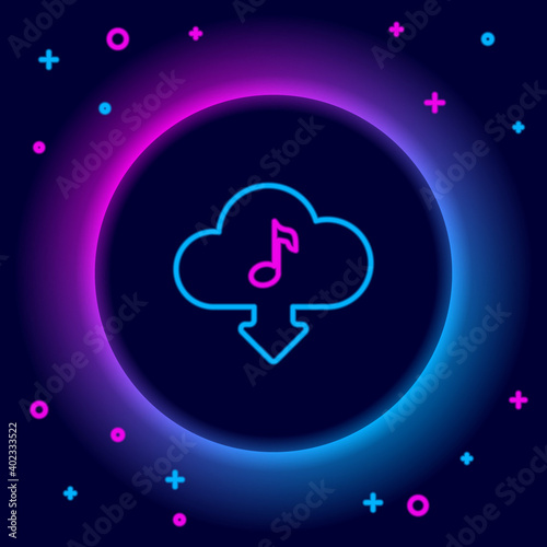 Glowing neon line Cloud download music icon isolated on black background. Music streaming service, sound cloud computing, online media streaming, audio wave. Colorful outline concept. Vector.