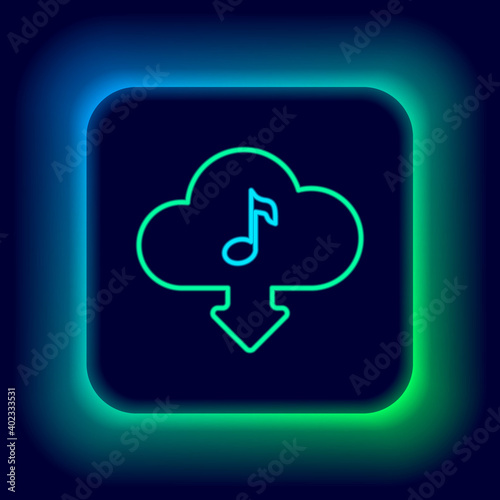 Glowing neon line Cloud download music icon isolated on black background. Music streaming service, sound cloud computing, online media streaming, audio wave. Colorful outline concept. Vector.