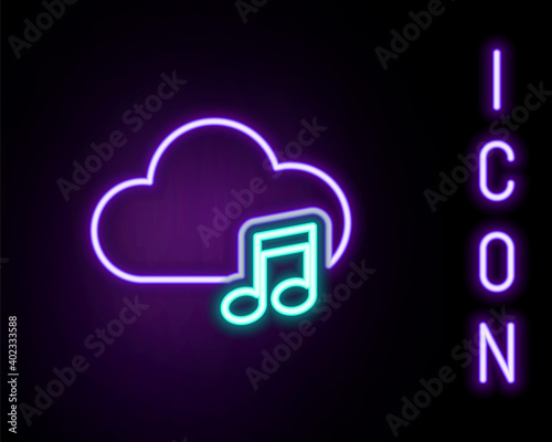 Glowing neon line Music streaming service icon isolated on black background. Sound cloud computing, online media streaming, online song, audio wave. Colorful outline concept. Vector.