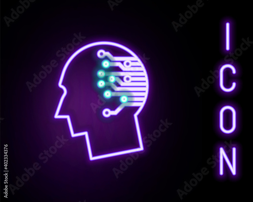 Glowing neon line Bitcoin think icon isolated on black background. Cryptocurrency head. Blockchain technology, bitcoin, digital money market, cryptocoin wallet. Colorful outline concept. Vector.
