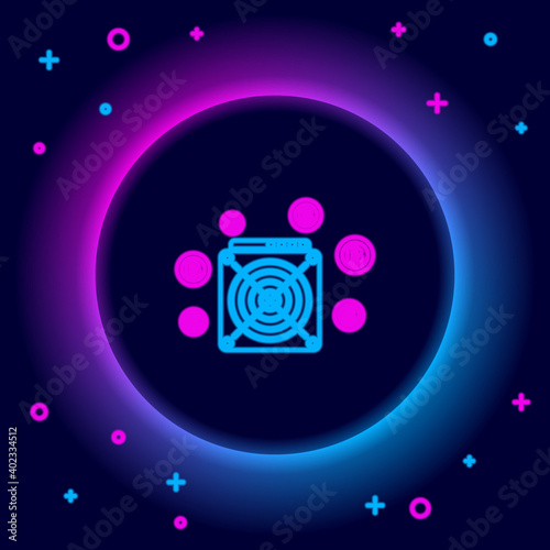 Glowing neon line ASIC Miner icon isolated on black background. Cryptocurrency mining equipment and hardware. Application specific integrated circuit. Colorful outline concept. Vector.