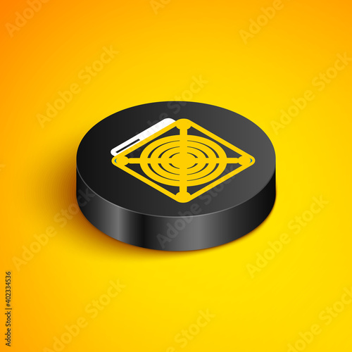 Isometric line ASIC Miner icon isolated on yellow background. Cryptocurrency mining equipment and hardware. Application specific integrated circuit. Black circle button. Vector.