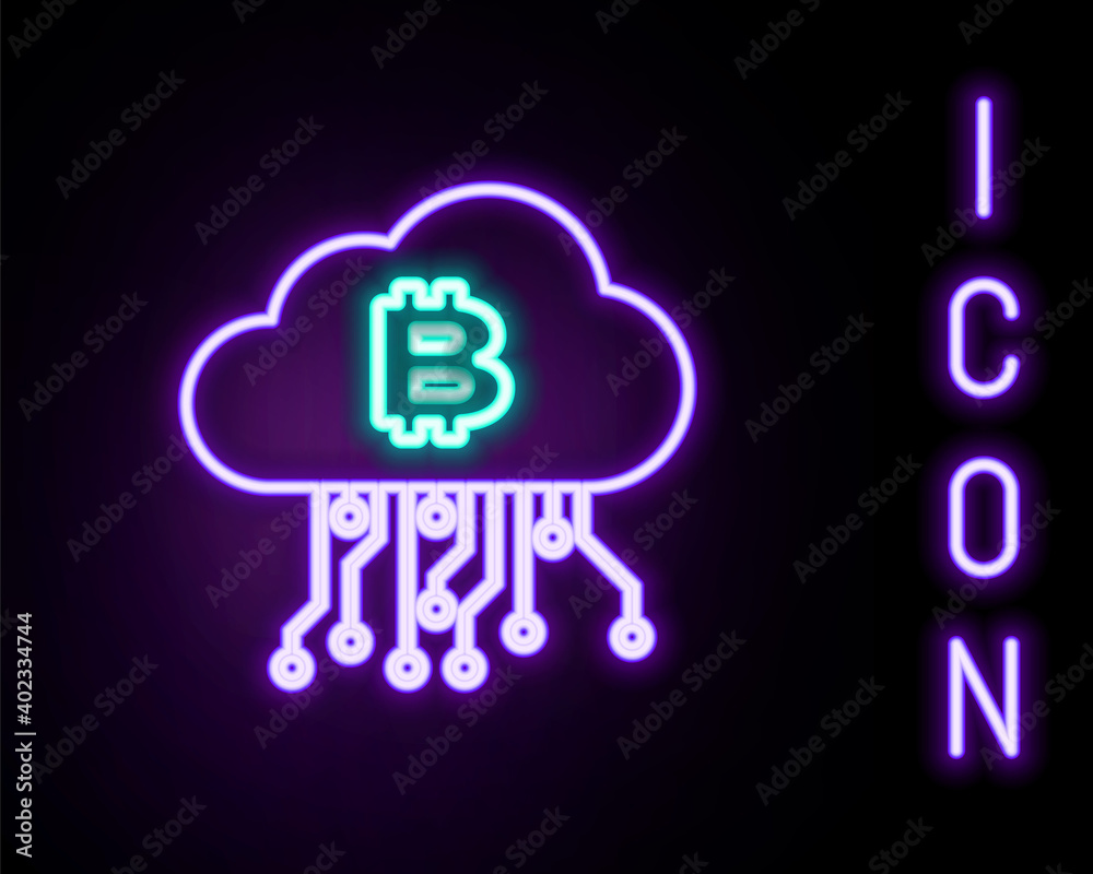 Glowing neon line Cryptocurrency cloud mining icon isolated on black background. Blockchain technology, bitcoin, digital money market, cryptocoin wallet. Colorful outline concept. Vector. Glowing neon line Cryptocurrency cloud mining icon isolated on black background. Blockchain technology, bitcoin, digital money market, cryptocoin wallet. Colorful outline concept. Vector.