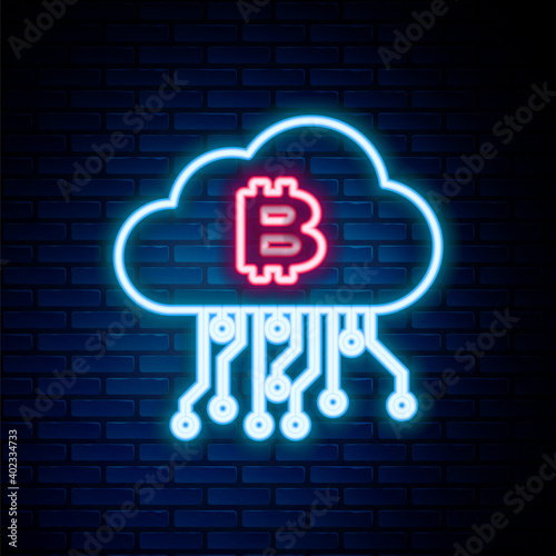 Glowing neon line Cryptocurrency cloud mining icon isolated on brick wall background. Blockchain technology, bitcoin, digital money market, cryptocoin wallet. Colorful outline concept. Vector.