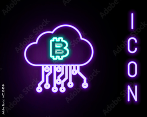 Glowing neon line Cryptocurrency cloud mining icon isolated on black background. Blockchain technology, bitcoin, digital money market, cryptocoin wallet. Colorful outline concept. Vector.
