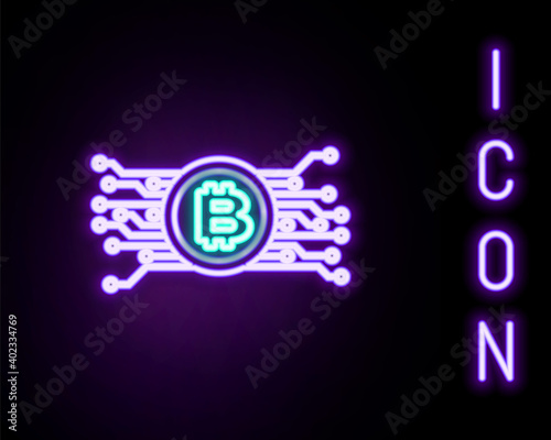 Glowing neon line Cryptocurrency bitcoin in circle with microchip circuit icon isolated on black background. Blockchain technology, digital money market. Colorful outline concept. Vector. © vector_v