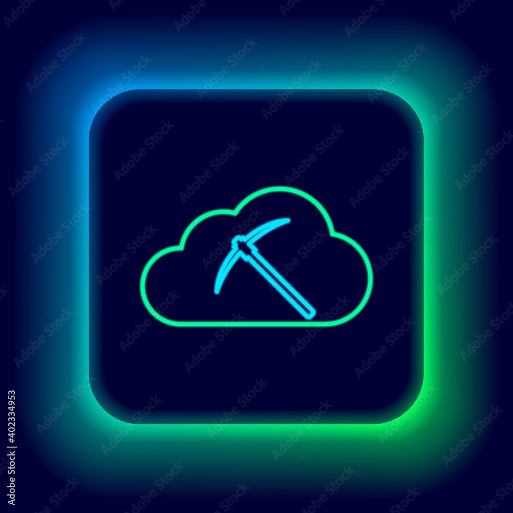 Glowing neon line Cryptocurrency cloud mining icon isolated on black background. Cloud with pickaxe, bitcoin, digital money market, cryptocoin wallet. Colorful outline concept. Vector. Glowing neon line Cryptocurrency cloud mining icon isolated on black background. Cloud with pickaxe, bitcoin, digital money market, cryptocoin wallet. Colorful outline concept. Vector.