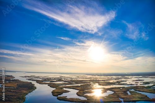 Irresistible floods on the Samara river on the dnieper in the evening light