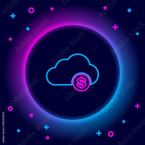 Glowing neon line Cryptocurrency cloud mining icon isolated on black background. Blockchain technology, bitcoin, digital money market, cryptocoin wallet. Colorful outline concept. Vector.