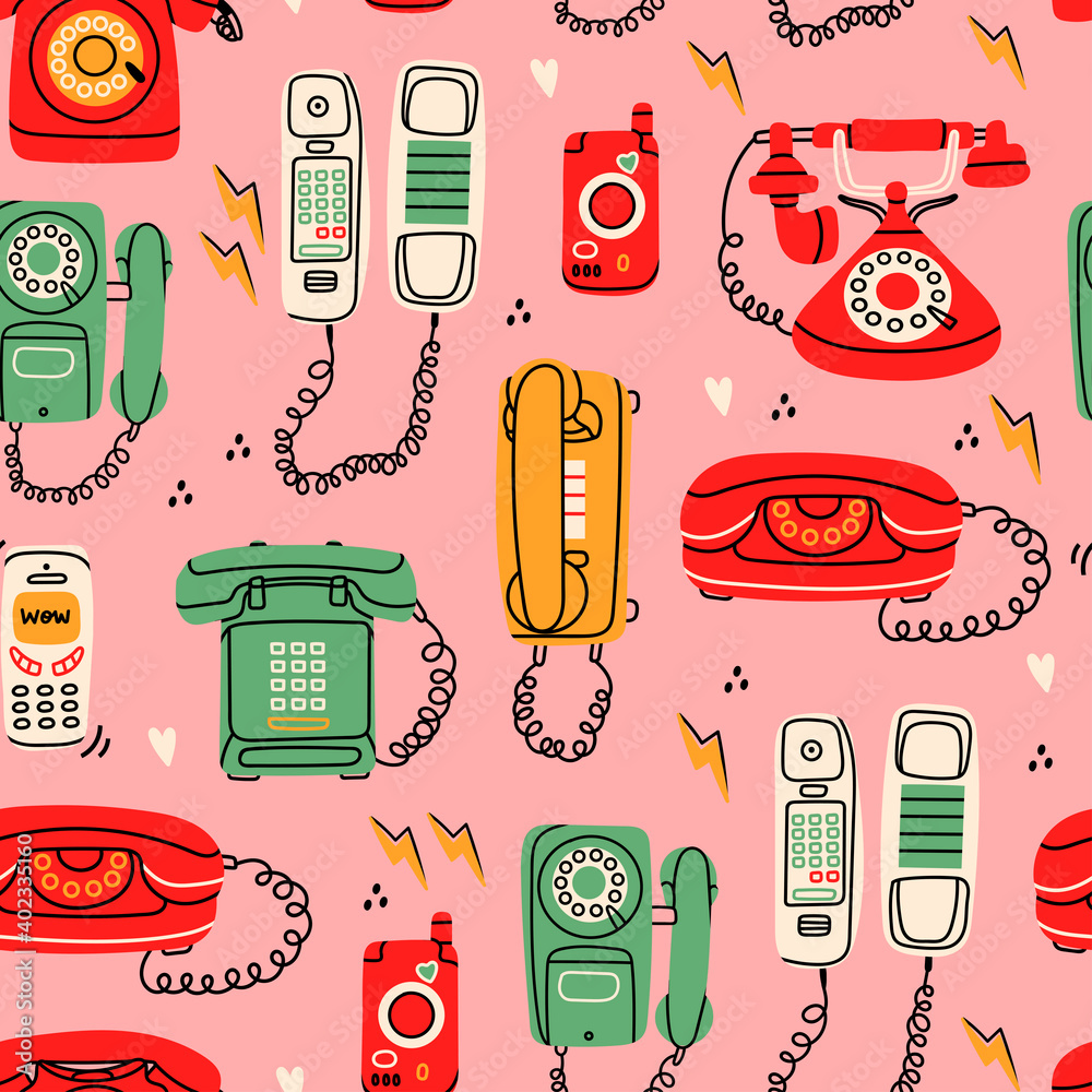 Set of Various classic and modern telephones. Wire, cell and mobile phones.  Retro vintage style. Hand drawn Vector Seamless pattern. Background,  wallpaper Stock Vector | Adobe Stock