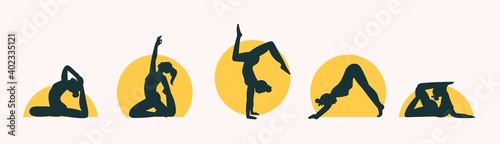 Set of women silhouettes doing Yoga. Girls working out. Hand drawn colored Vector illustration. Weight Loss. Health care and lifestyle concept. Calmness and relax