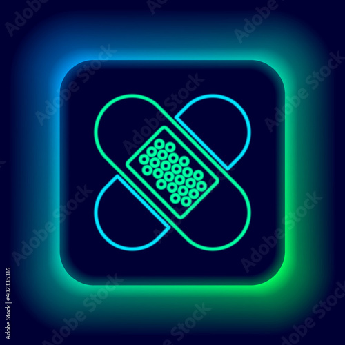 Glowing neon line Crossed bandage plaster icon isolated on black background. Medical plaster, adhesive bandage, flexible fabric bandage. Colorful outline concept. Vector.