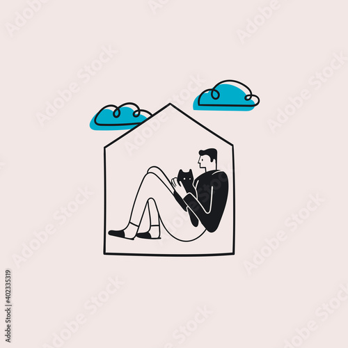 Person isolated in the tiny house. Cute character sitting and reading the book. Stay at home concept. Self isolation. Hand drawn trendy Vector illustration. Sketchy doodle style. Poster template