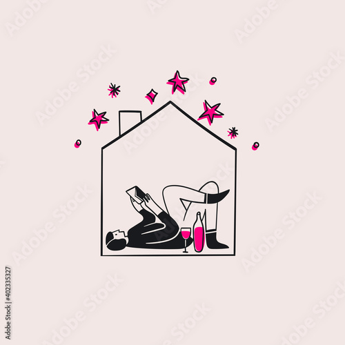 Person isolated in the tiny house. Cute character lying on back and reading the book. Stay at home concept. Self isolation. Hand drawn trendy Vector illustration. Sketchy doodle style. Poster template