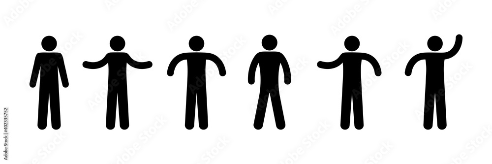 people pictograms, various gestures with hands icon, isolated human silhouettes, stick figure symbol man