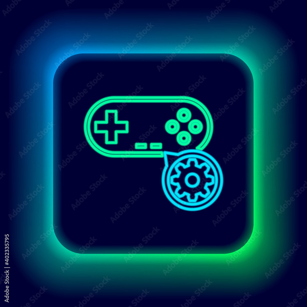 Glowing neon line Gamepad and gear icon isolated on black background. Adjusting app, service concept, setting options, maintenance, repair, fixing. Colorful outline concept. Vector. Glowing neon line Gamepad and gear icon isolated on black background. Adjusting app, service concept, setting options, maintenance, repair, fixing. Colorful outline concept. Vector.