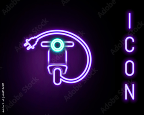 Glowing neon line Electric scooter icon isolated on black background. Colorful outline concept. Vector.