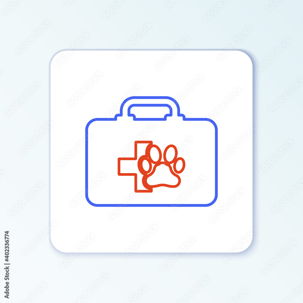Line Pet first aid kit icon isolated on white background. Dog or cat paw print. Clinic box. Colorful outline concept. Vector. Line Pet first aid kit icon isolated on white background. Dog or cat paw print. Clinic box. Colorful outline concept. Vector.