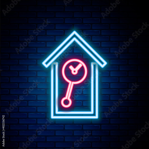 Glowing neon line Retro wall watch icon isolated on brick wall background. Cuckoo clock sign. Antique pendulum clock. Colorful outline concept. Vector.