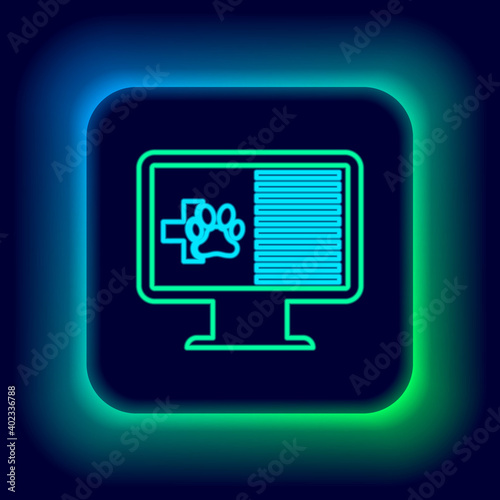 Glowing neon line Medical clinical record pet on monitor icon isolated on black background. Health insurance form. Prescription, medical check marks report. Colorful outline concept. Vector.