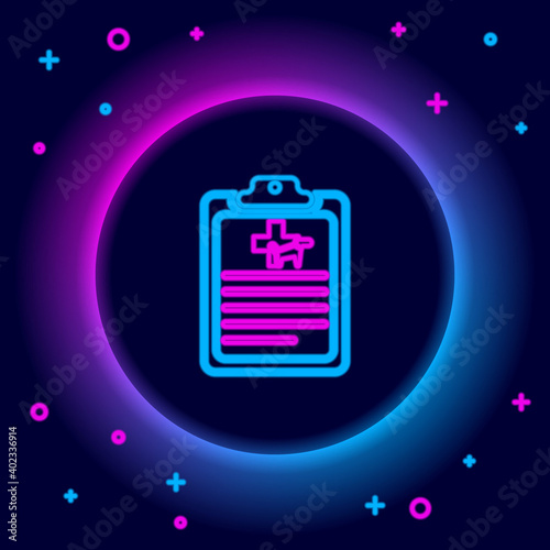 Glowing neon line Clipboard with medical clinical record pet icon isolated on black background. Health insurance form. Medical check marks report. Colorful outline concept. Vector.