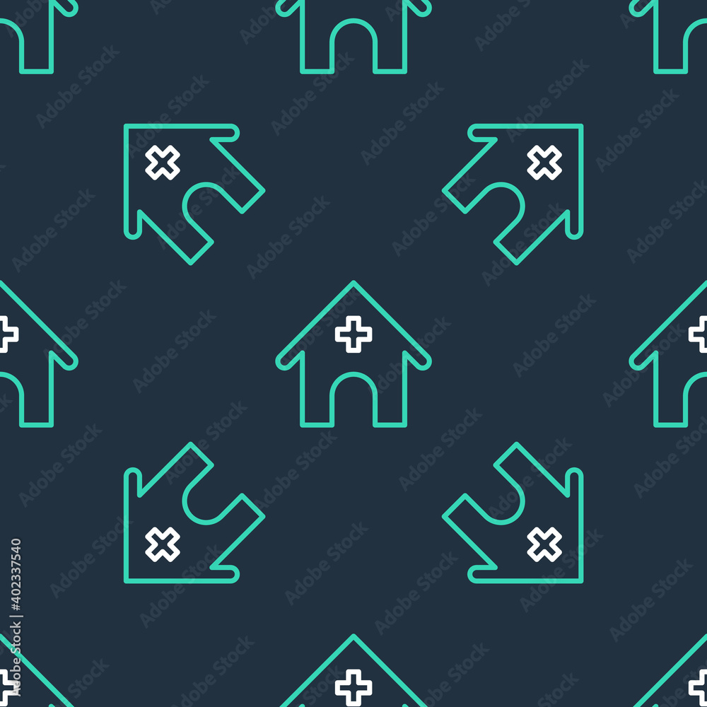 Line Veterinary medicine hospital, clinic or pet shop for animals icon isolated seamless pattern on black background. Vet or veterinarian clinic. Vector.