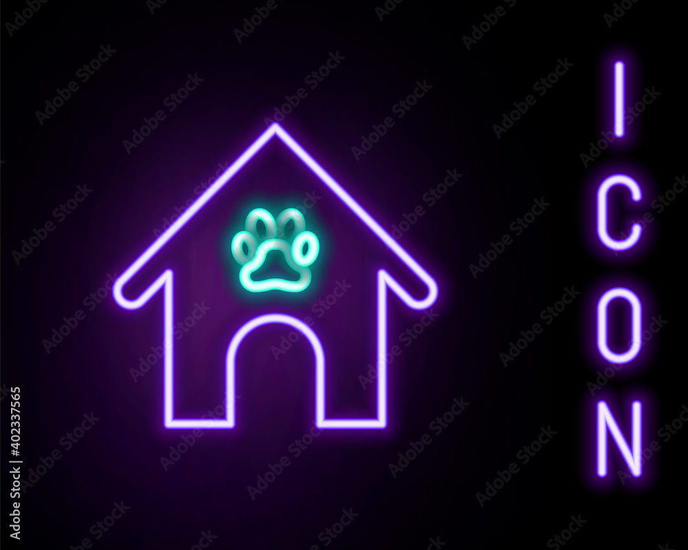Glowing neon line Dog house and paw print pet icon isolated on black background. Dog kennel. Colorful outline concept. Vector. Glowing neon line Dog house and paw print pet icon isolated on black background. Dog kennel. Colorful outline concept. Vector.