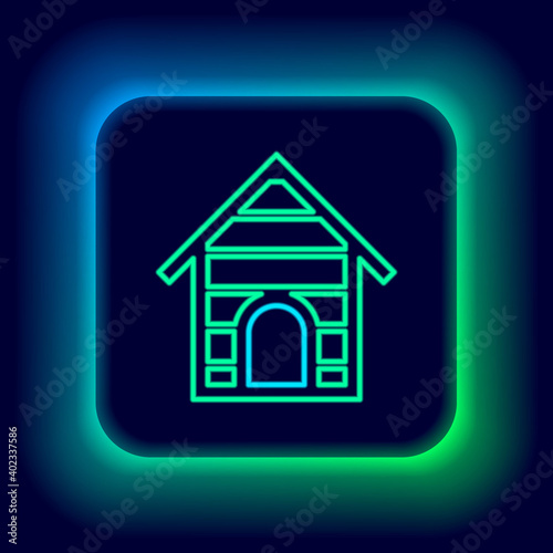 Glowing neon line Dog house icon isolated on black background. Dog kennel. Colorful outline concept. Vector.