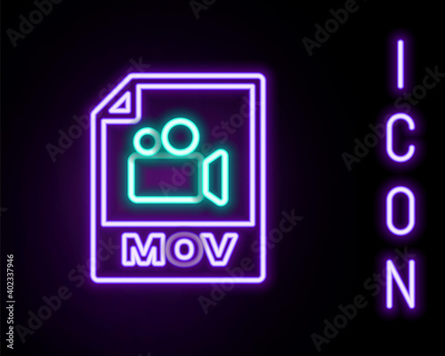 Glowing neon line MOV file document. Download mov button icon isolated on black background. MOV file symbol. Audio and video collection. Colorful outline concept. Vector.