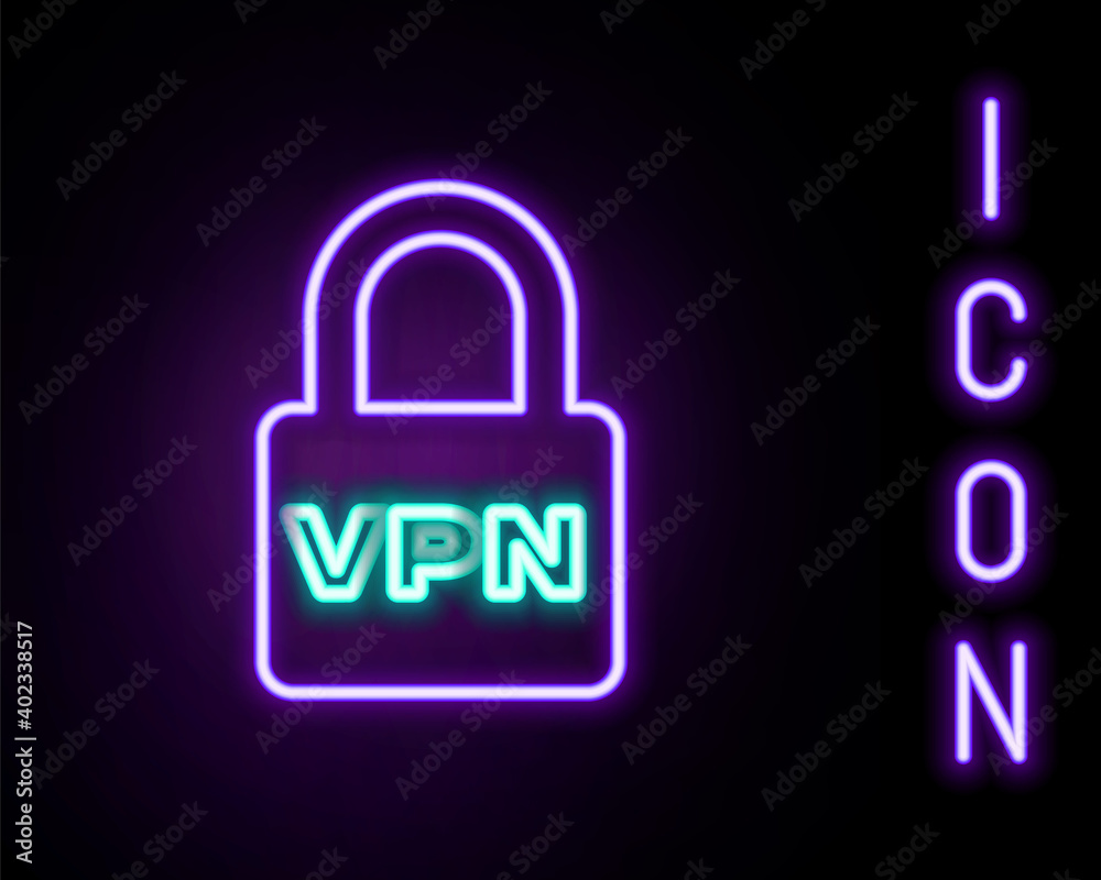 Glowing neon line Lock VPN icon isolated on black background. Colorful outline concept. Vector.