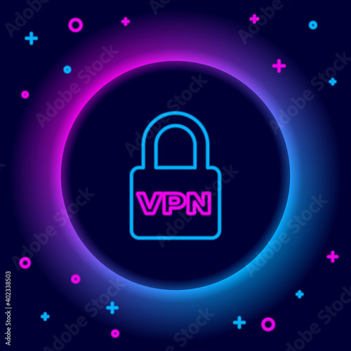 Glowing neon line Lock VPN icon isolated on black background. Colorful outline concept. Vector.