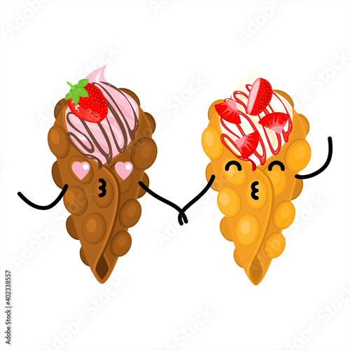 Two bubble waffles classic and chocolate holding hands. Bubble waffles with whipped cream. Cute kawaii hong kong waffles on a white background. Creative concept offer for 14 February. In love wafers. 