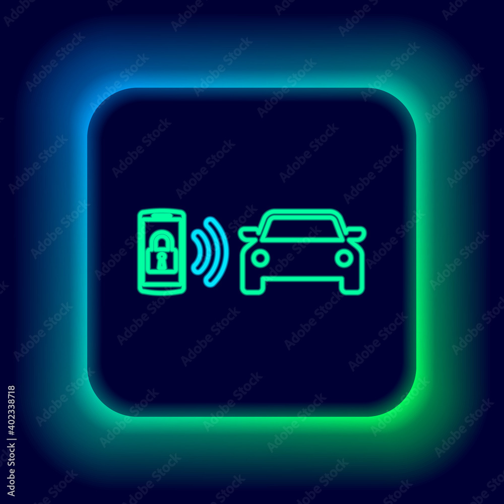 Glowing neon line Smart car alarm system icon isolated on black background. The smartphone controls the car security on the wireless. Colorful outline concept. Vector. Glowing neon line Smart car alarm system icon isolated on black background. The smartphone controls the car security on the wireless. Colorful outline concept. Vector.