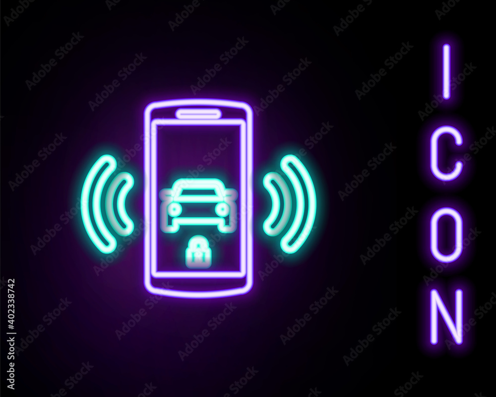 Glowing neon line Smart car alarm system icon isolated on black background. The smartphone controls the car security on the wireless. Colorful outline concept. Vector. Glowing neon line Smart car alarm system icon isolated on black background. The smartphone controls the car security on the wireless. Colorful outline concept. Vector.