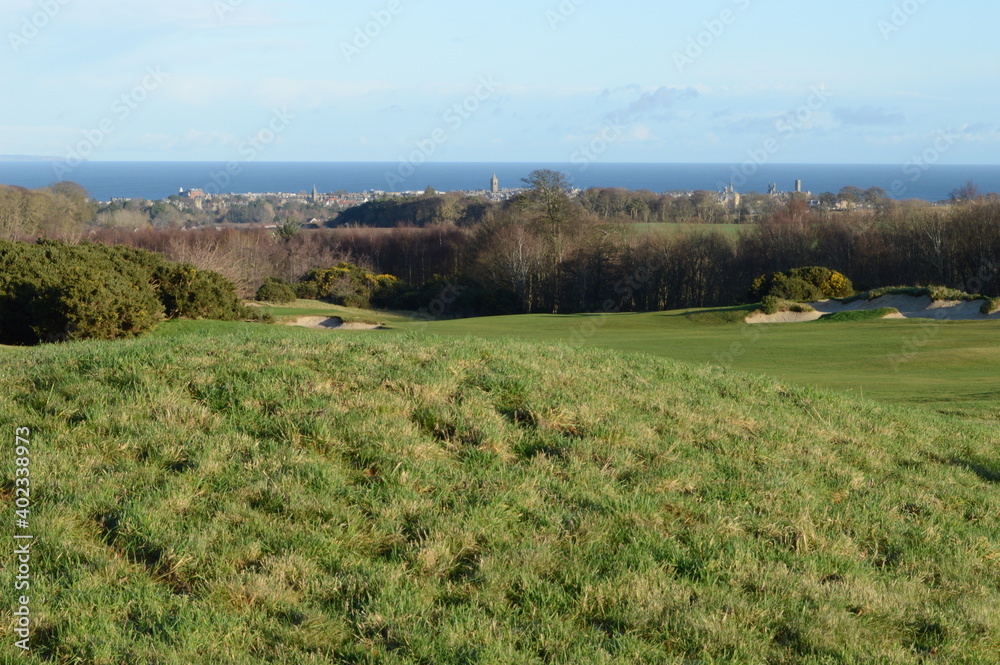 Views across the golf course from Craigtoun to St Andrews Bay on a sunny December day